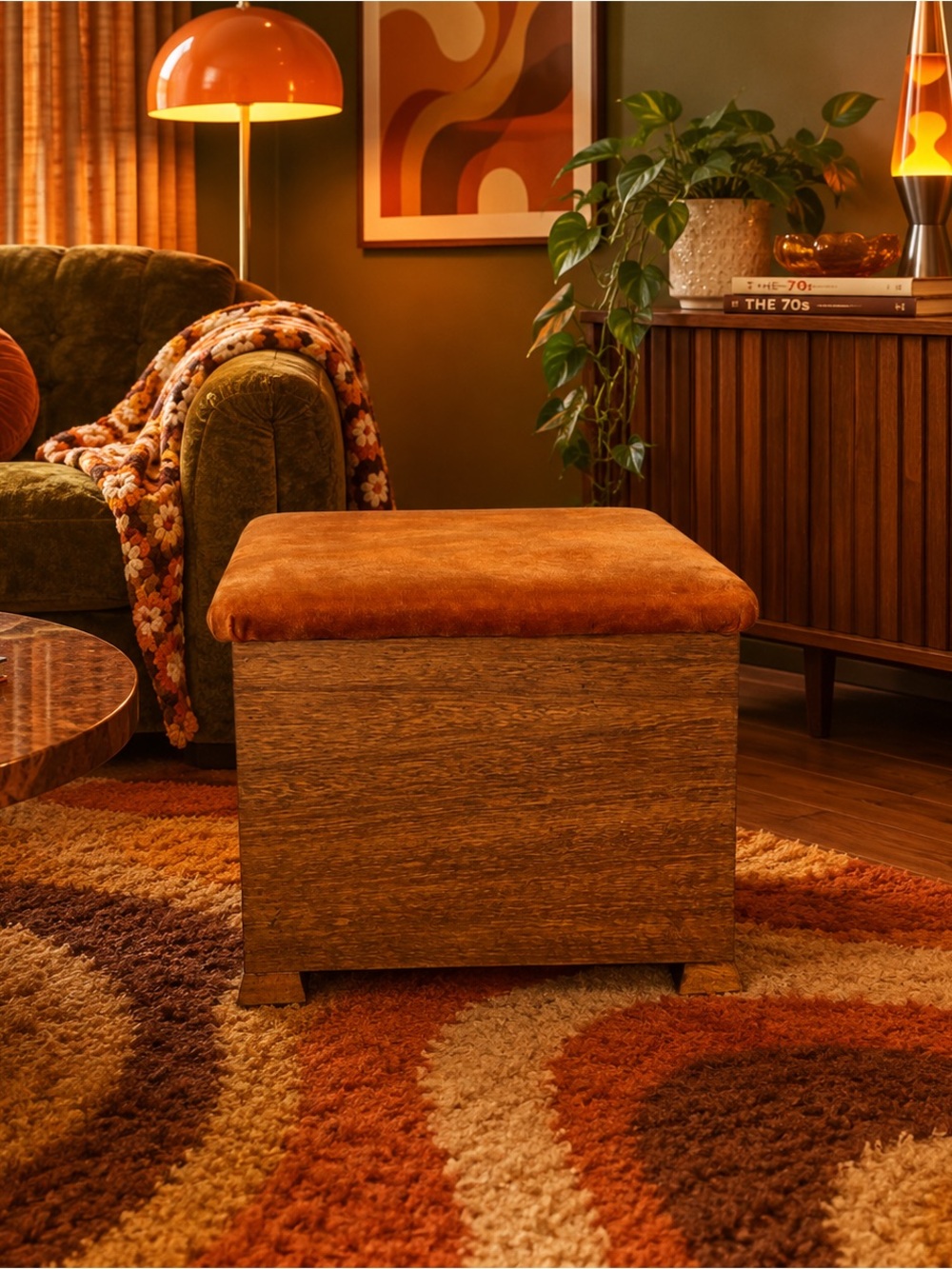 Rustic Orange Upholstered Storage Ottoman - vintage handmade